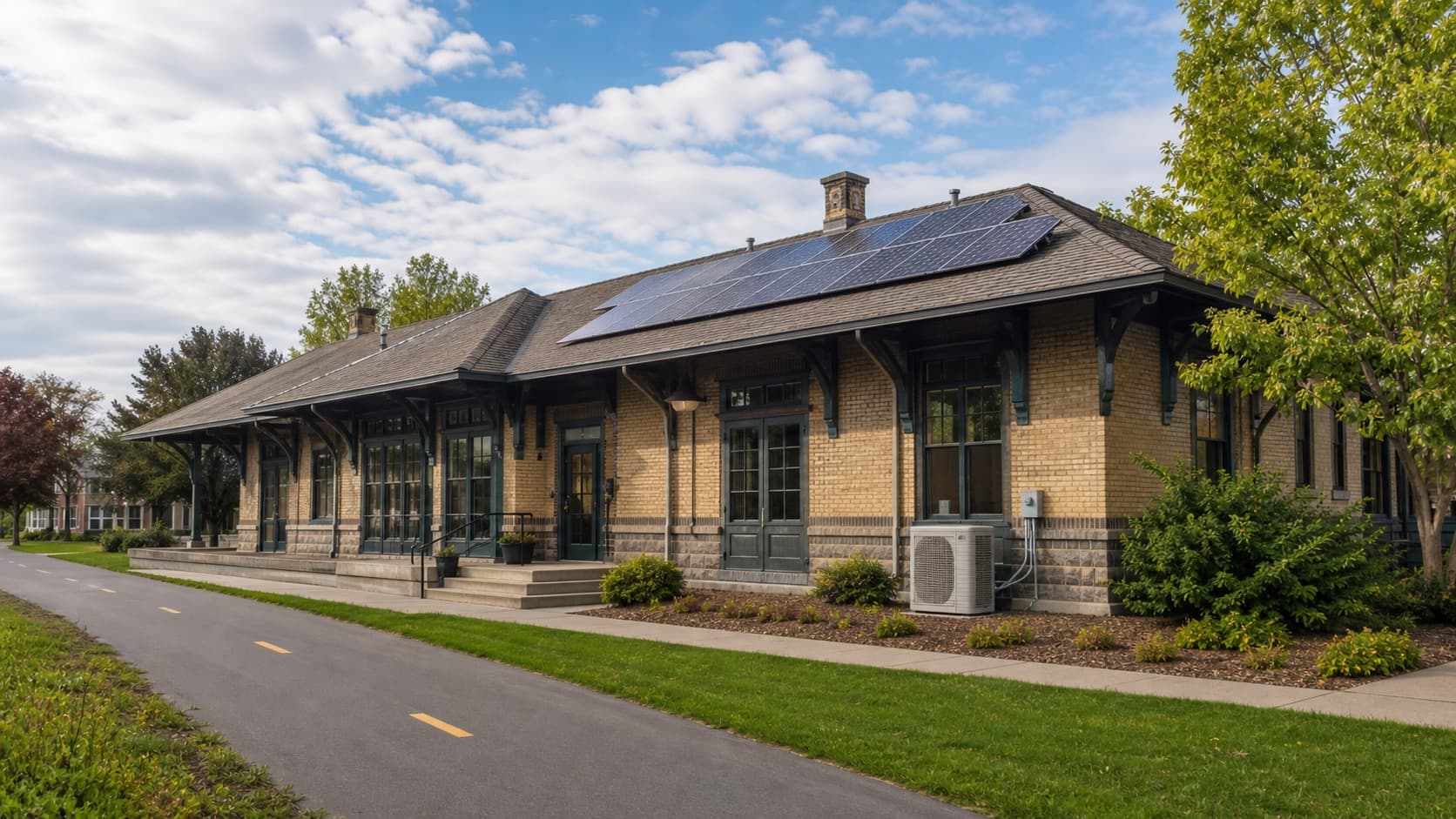 Representative historic brick train depot with rooftop solar and an air-source heat pump
