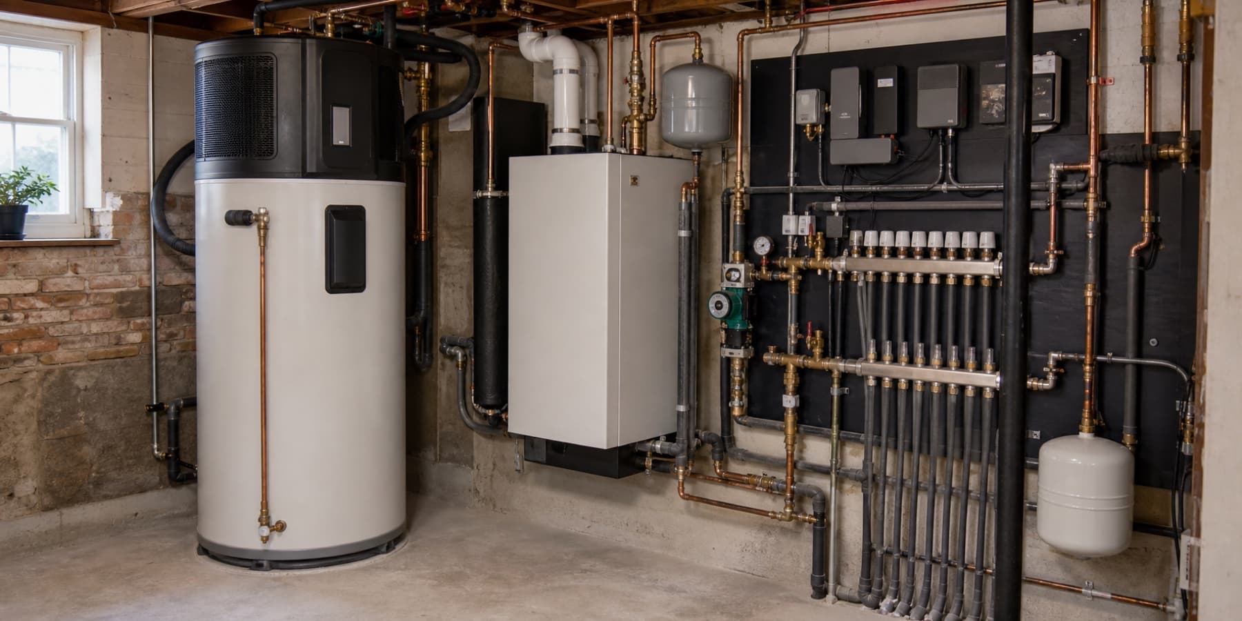 Representative heat-pump water heater and hydronic heating installation